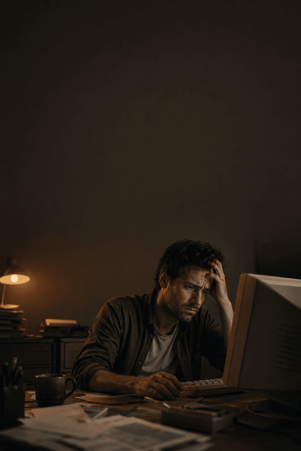 Profissional cansado tentando criar anúncios manualmente em computador antigo