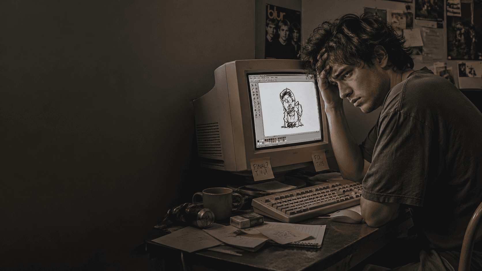 Profissional cansado tentando criar anúncios manualmente em computador antigo